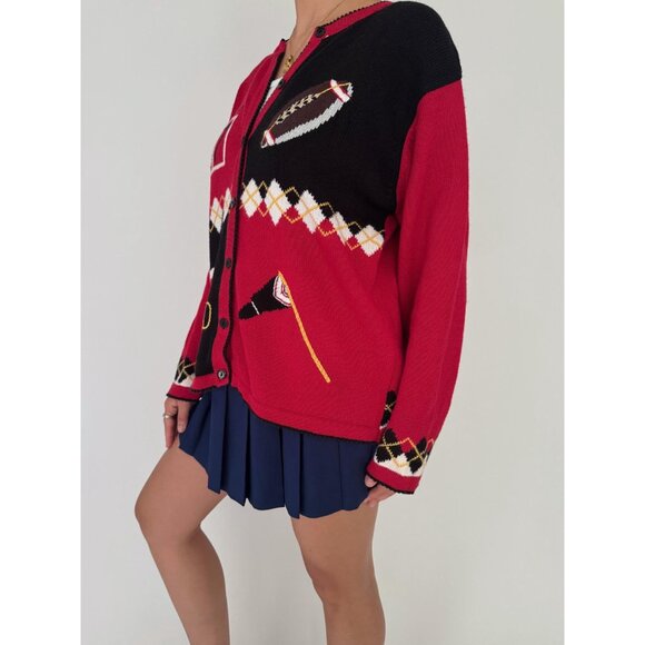 90s vintage red novelty football argyle print embroidered knit cardigan large XL - Picture 4 of 10